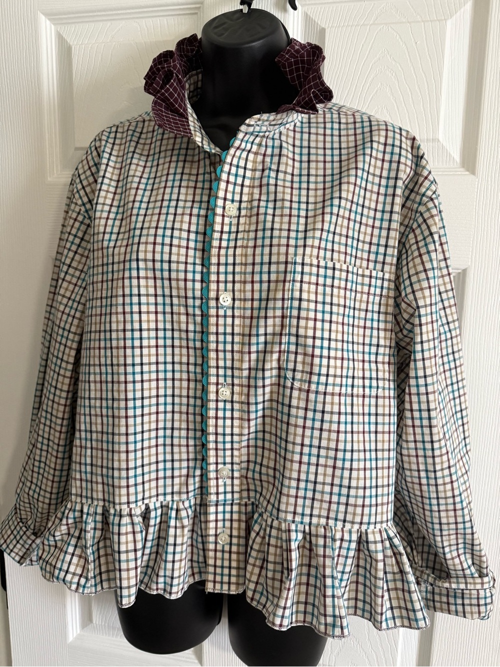 Upcycled Men’s Shirt for Women with Ruffle Collar and Hem